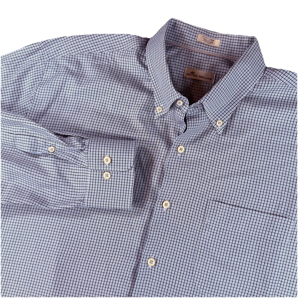Peter Millar Cotton  Blue Check Button Down Shirt Mens XL‎ Long Sleeve Casual